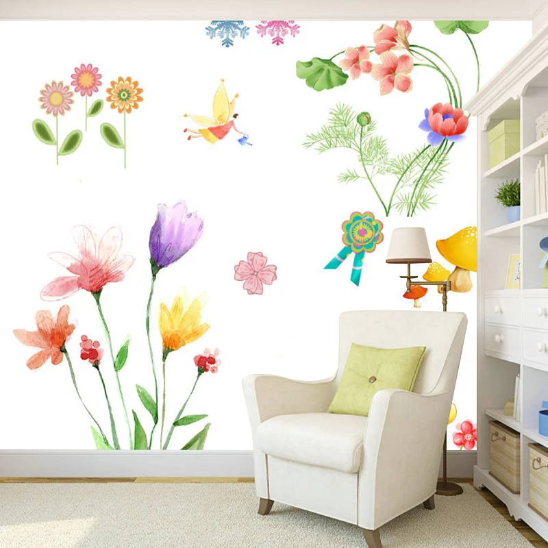 Cartoon-Fee und Blumen-Wandbild aus Vliesstoff, schmutzabweisend, bunt, Wandverkleidung für Kinderzimmer Clearhalo