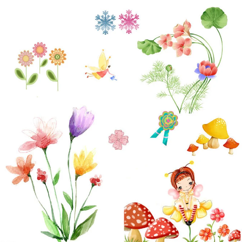 Cartoon-Fee und Blumen-Wandbild aus Vliesstoff, schmutzabweisend, bunt, Wandverkleidung für Kinderzimmer Clearhalo