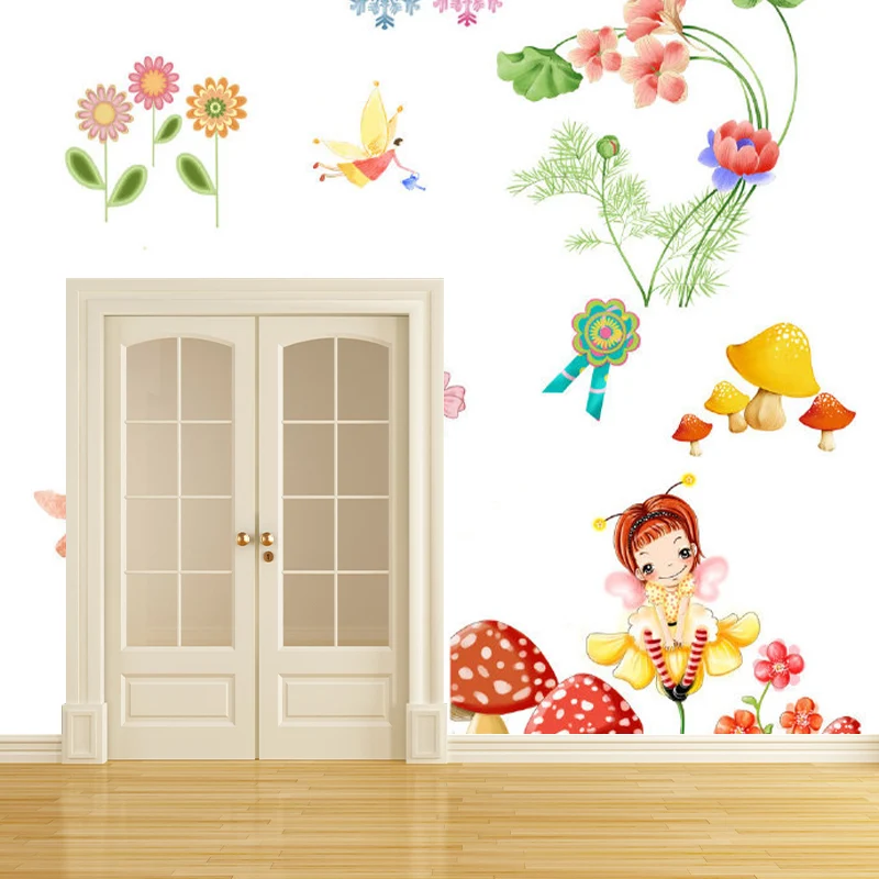 Cartoon-Fee und Blumen-Wandbild aus Vliesstoff, schmutzabweisend, bunt, Wandverkleidung für Kinderzimmer Clearhalo
