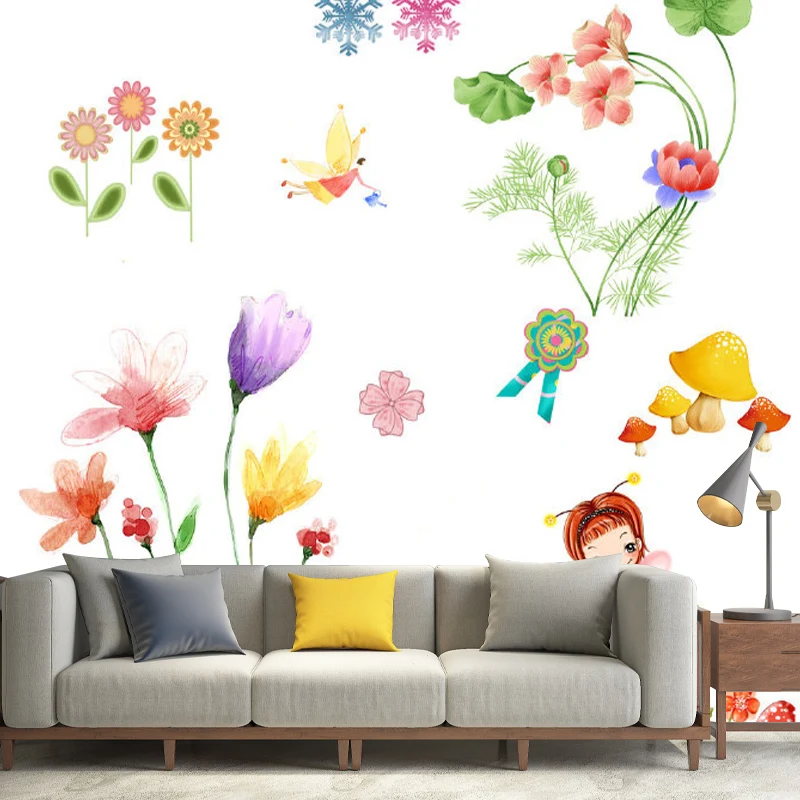 Cartoon-Fee und Blumen-Wandbild aus Vliesstoff, schmutzabweisend, bunt, Wandverkleidung für Kinderzimmer Clearhalo