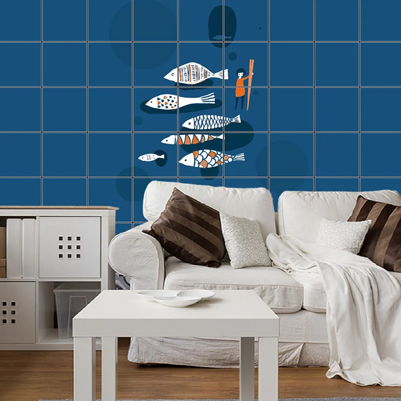Cartoon-Fisch-Racing-Tapetenpaneel-Set, blaue Pick-Up-Sticks, Wandkunst für die Küche Clearhalo