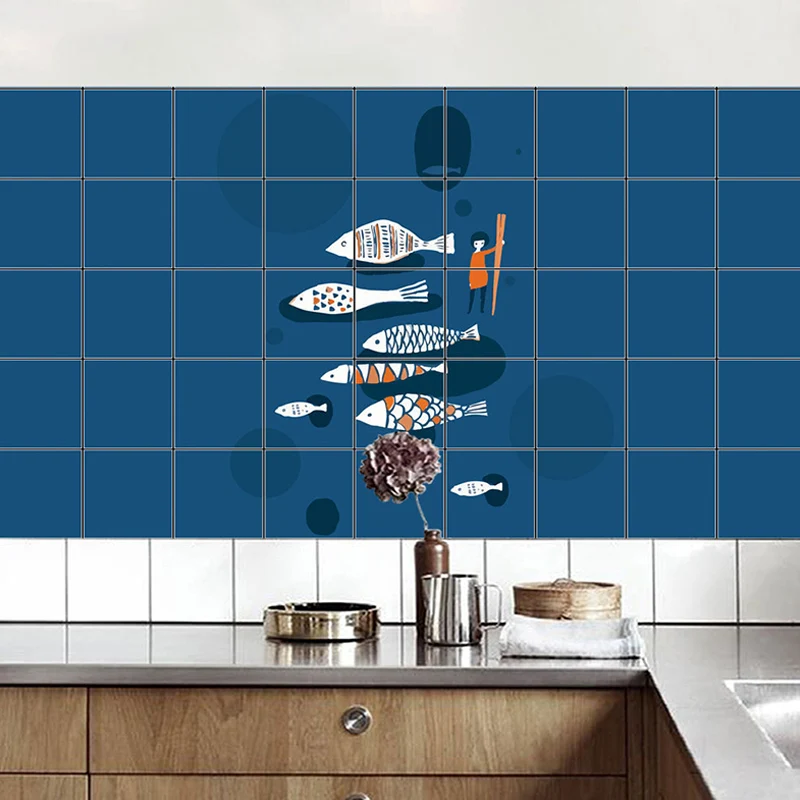 Cartoon-Fisch-Racing-Tapetenpaneel-Set, blaue Pick-Up-Sticks, Wandkunst für die Küche Clearhalo