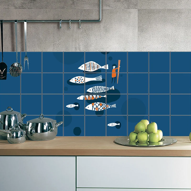 Cartoon-Fisch-Racing-Tapetenpaneel-Set, blaue Pick-Up-Sticks, Wandkunst für die Küche Clearhalo