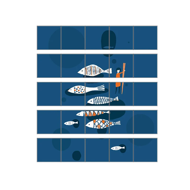 Cartoon-Fisch-Racing-Tapetenpaneel-Set, blaue Pick-Up-Sticks, Wandkunst für die Küche Clearhalo
