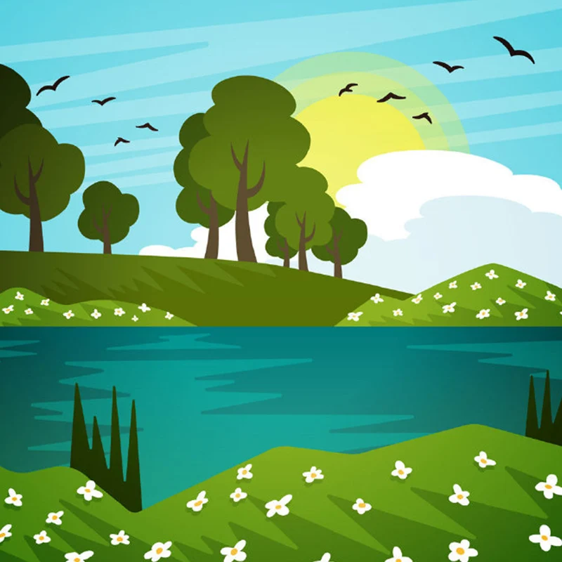 Cartoon-Landschaft, Frühlingssee-Wandbilder, blau-gelb-grün, feuchtigkeitsbeständige Wandkunst für das Kinderzimmer Clearhalo