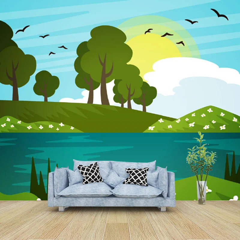 Cartoon-Landschaft, Frühlingssee-Wandbilder, blau-gelb-grün, feuchtigkeitsbeständige Wandkunst für das Kinderzimmer Clearhalo