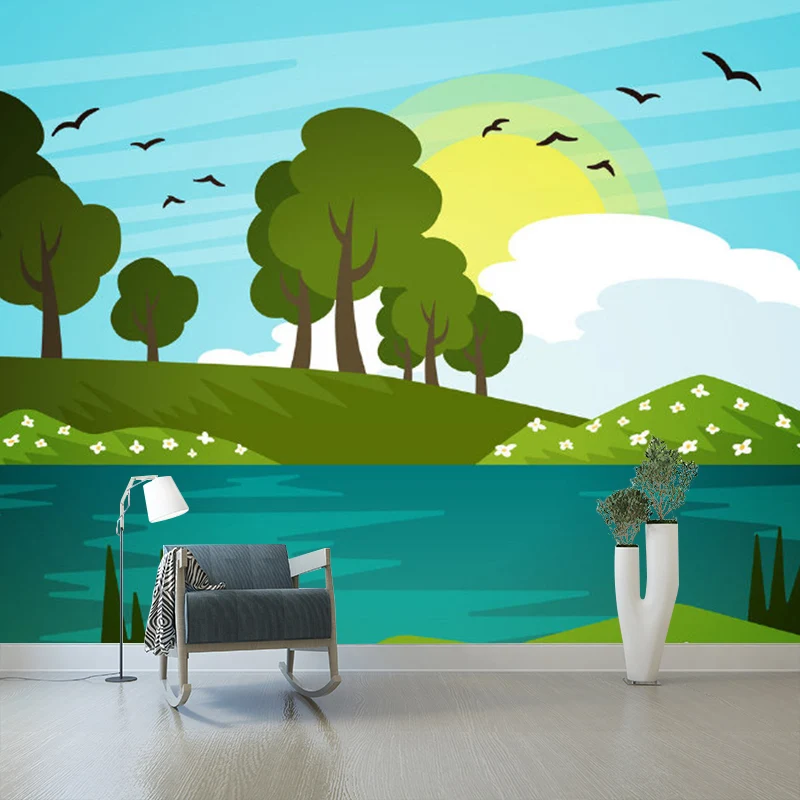 Cartoon-Landschaft, Frühlingssee-Wandbilder, blau-gelb-grün, feuchtigkeitsbeständige Wandkunst für das Kinderzimmer Clearhalo