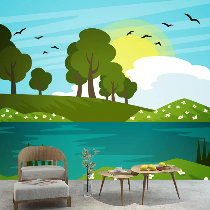 Cartoon-Landschaft, Frühlingssee-Wandbilder, blau-gelb-grün, feuchtigkeitsbeständige Wandkunst für das Kinderzimmer Clearhalo