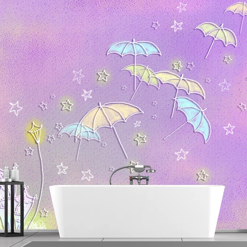 Cartoon-Wandbilder für Kinder mit Regenschirm und Sternenmuster, lila Wanddekoration Clearhalo