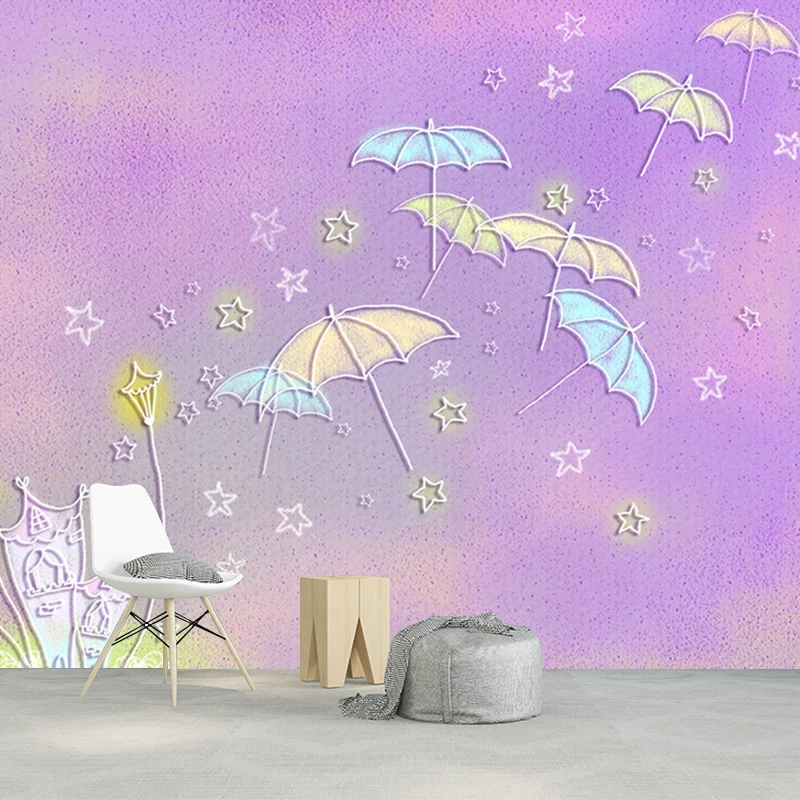Cartoon-Wandbilder für Kinder mit Regenschirm und Sternenmuster, lila Wanddekoration Clearhalo