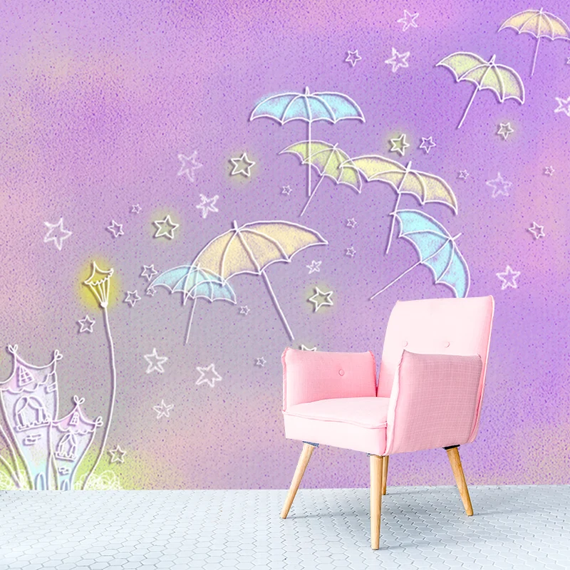 Cartoon-Wandbilder für Kinder mit Regenschirm und Sternenmuster, lila Wanddekoration Clearhalo