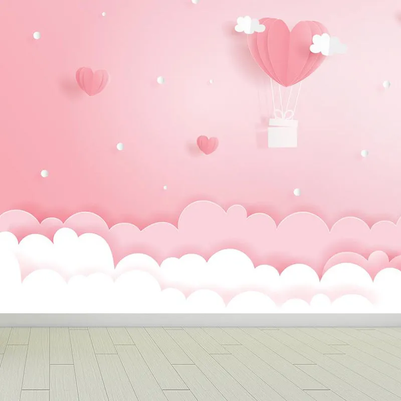 Cartoon-Wandtapete voller Größe, rosa herzförmige Heißluftballon-Wanddekoration, individueller Druck Clearhalo