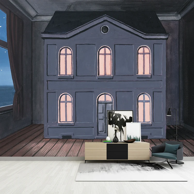 Casa De Rene Magritte Murals Tapete Grau-Blau, Wandkunst im Surrealismus-Stil für Zuhause Clearhalo