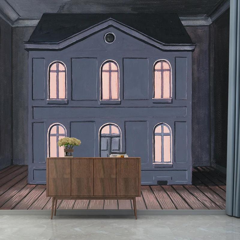 Casa De Rene Magritte Murals Tapete Grau-Blau, Wandkunst im Surrealismus-Stil für Zuhause Clearhalo