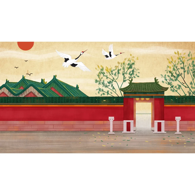 Chinesische antike Architektur-Wandaufkleber für Zuhause, individuelle Wandverkleidung Rot-Beige Clearhalo