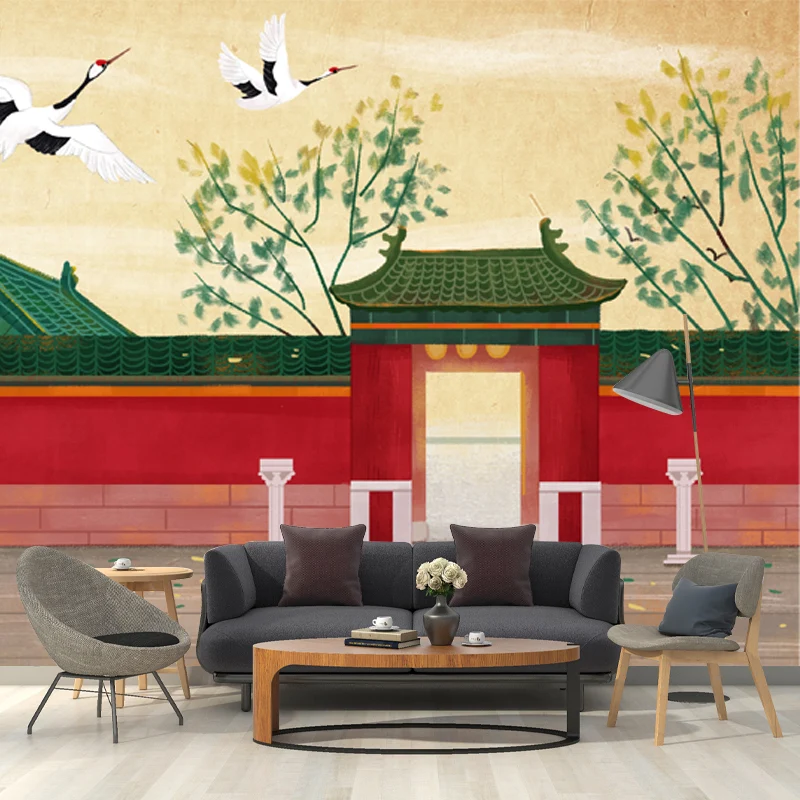 Chinesische antike Architektur-Wandaufkleber für Zuhause, individuelle Wandverkleidung Rot-Beige Clearhalo