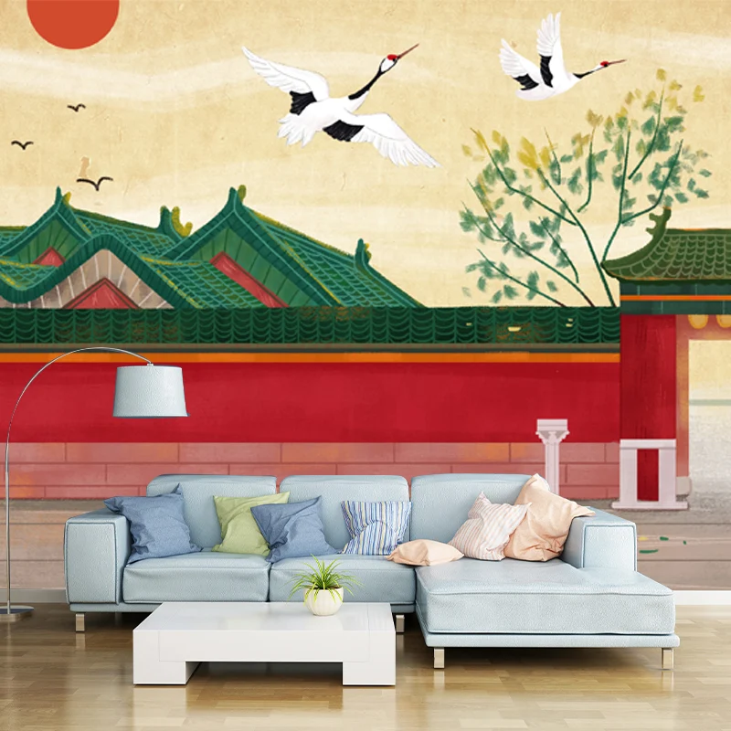 Chinesische antike Architektur-Wandaufkleber für Zuhause, individuelle Wandverkleidung Rot-Beige Clearhalo
