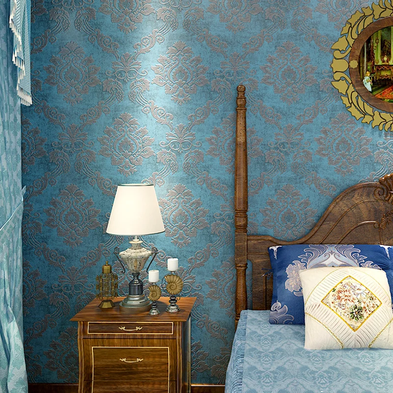 Damastblumen-Tapetenrolle, Vintage-Stil, 3D-geprägte Wandkunst Blau für Schlafzimmer Clearhalo