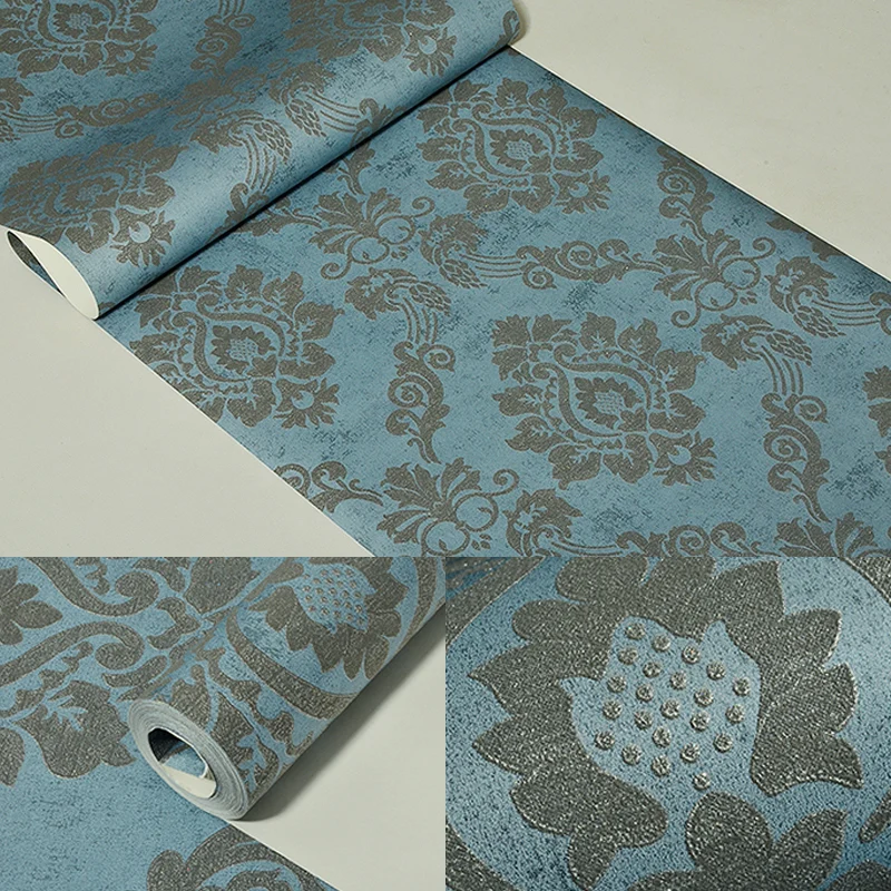 Damastblumen-Tapetenrolle, Vintage-Stil, 3D-geprägte Wandkunst Blau für Schlafzimmer Clearhalo