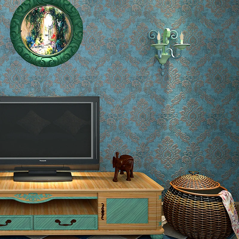 Damastblumen-Tapetenrolle, Vintage-Stil, 3D-geprägte Wandkunst Blau für Schlafzimmer Clearhalo