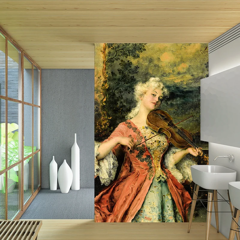 Dame spielt Geige und zeichnet Wandgemälde Rotbraun im viktorianischen Stil für die Inneneinrichtung Clearhalo