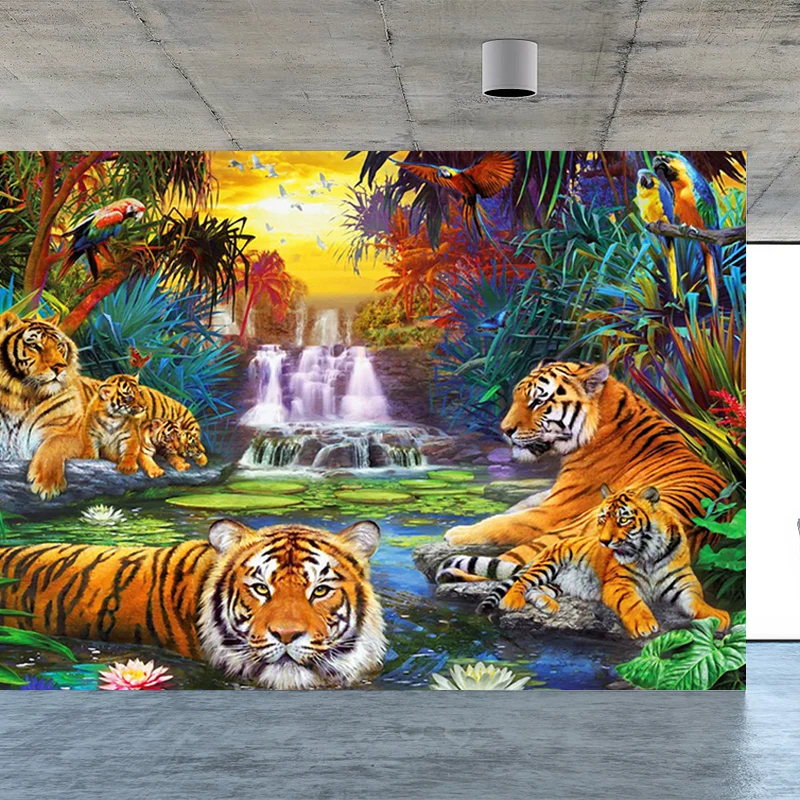 Dschungel-Kaskaden- und Tiger-Wandtapete, moderne Vliesstoff-Wandkunst Grün Clearhalo