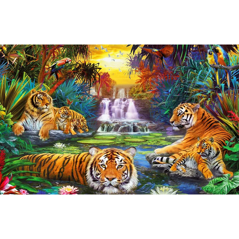 Dschungel-Kaskaden- und Tiger-Wandtapete, moderne Vliesstoff-Wandkunst Grün Clearhalo