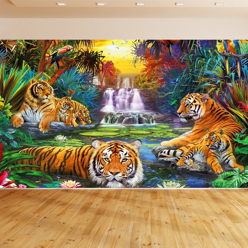 Dschungel-Kaskaden- und Tiger-Wandtapete, moderne Vliesstoff-Wandkunst Grün Clearhalo