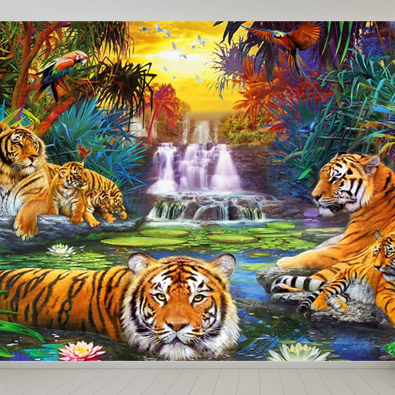 Dschungel-Kaskaden- und Tiger-Wandtapete, moderne Vliesstoff-Wandkunst Grün Clearhalo