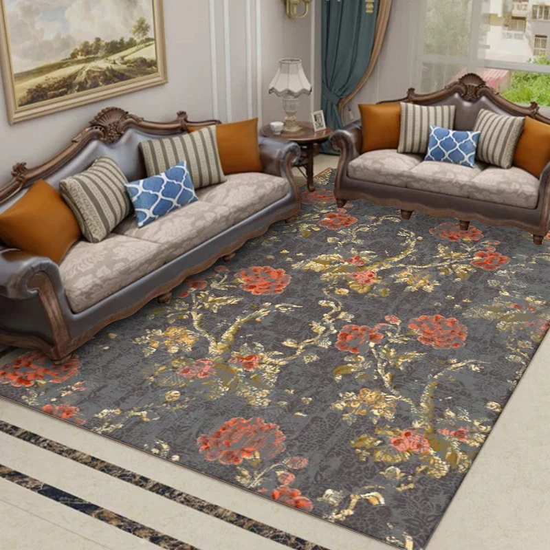 Dunkelgrauer Vintage-Teppich aus Polyester mit Blumen- und Blattmuster, waschbarer, rutschfester Teppich für das Wohnzimme...