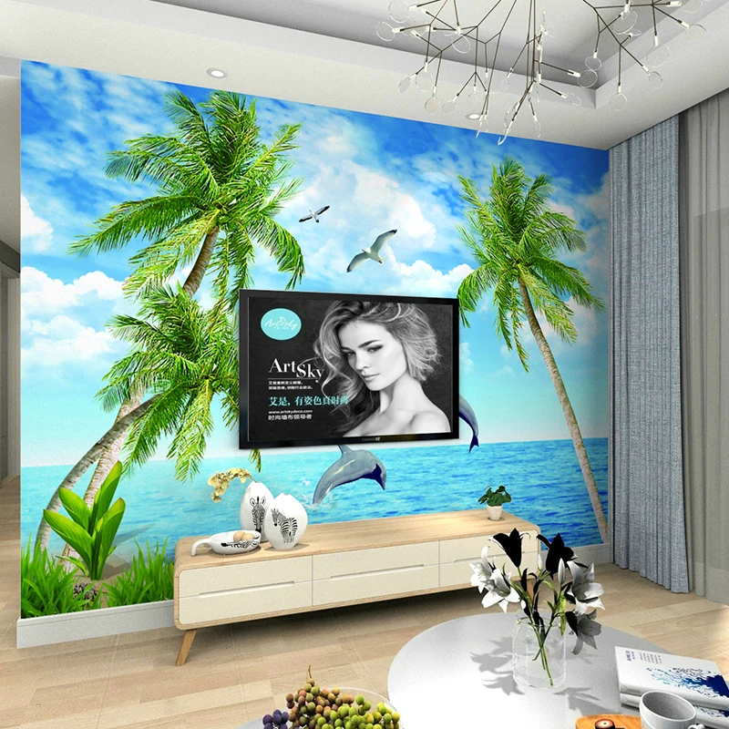 Einfache Wandtapete mit großem Foto für das Wohnzimmer mit Möwe und Kokospalme Blau und Grün Clearhalo