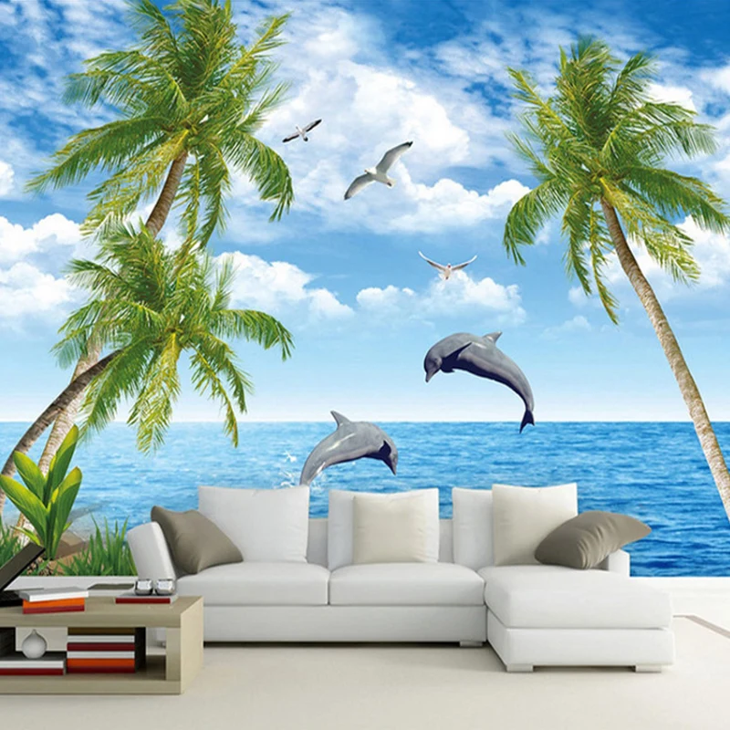 Einfache Wandtapete mit großem Foto für das Wohnzimmer mit Möwe und Kokospalme Blau und Grün Clearhalo