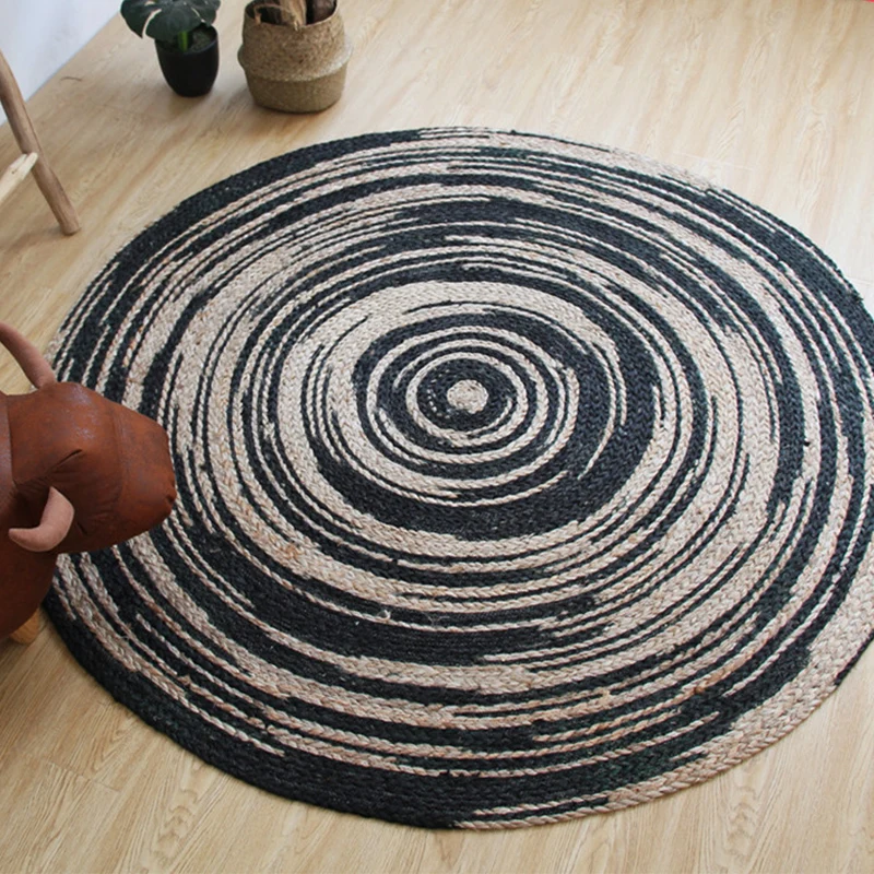 Einfacher Teppich mit Kreismuster, brauner und schwarzer ländlicher Teppich, Jute, haustierfreundlich, waschbar, rutschfes...