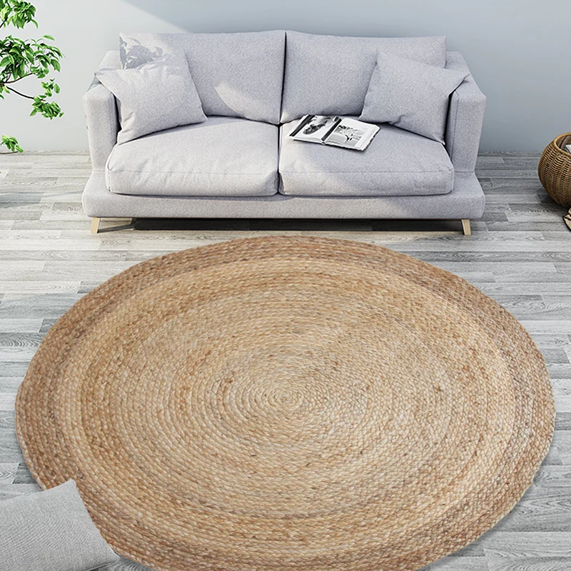 Einfacher Teppich mit Kreismuster, brauner und schwarzer ländlicher Teppich, Jute, haustierfreundlich, waschbar, rutschfes...