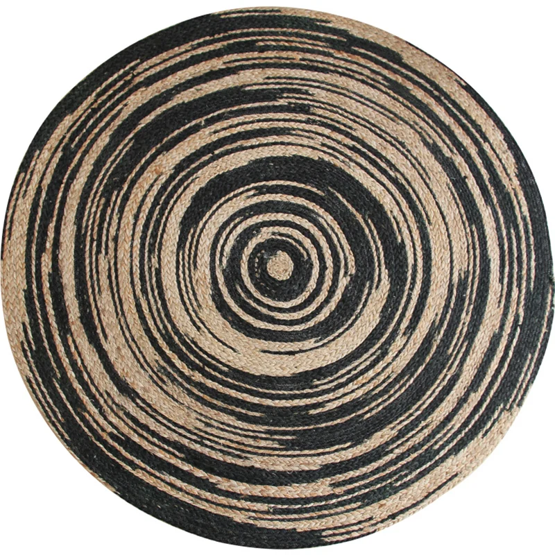 Einfacher Teppich mit Kreismuster, brauner und schwarzer ländlicher Teppich, Jute, haustierfreundlich, waschbar, rutschfes...