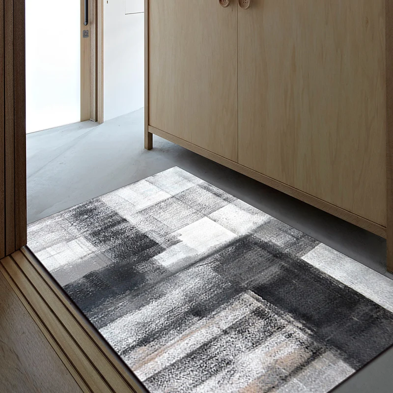 Einfacher Teppich mit Pinselstrich-Druck, Schwarz und Grau, moderner Teppich, waschbarer Polyester-Teppich mit rutschfeste...