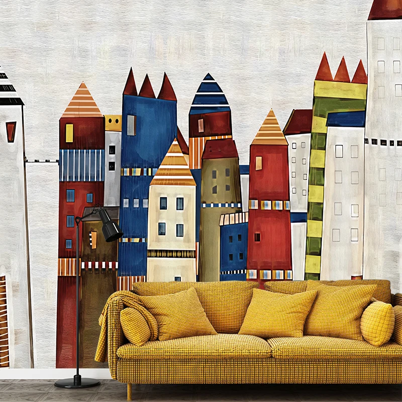 Einfaches Cartoon-Haus-Wandbild roter und blauer Wandverkleidung für das Kinderzimmer, individuell bedruckt Clearhalo