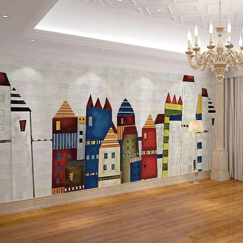 Einfaches Cartoon-Haus-Wandbild roter und blauer Wandverkleidung für das Kinderzimmer, individuell bedruckt Clearhalo