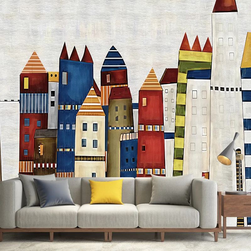 Einfaches Cartoon-Haus-Wandbild roter und blauer Wandverkleidung für das Kinderzimmer, individuell bedruckt Clearhalo