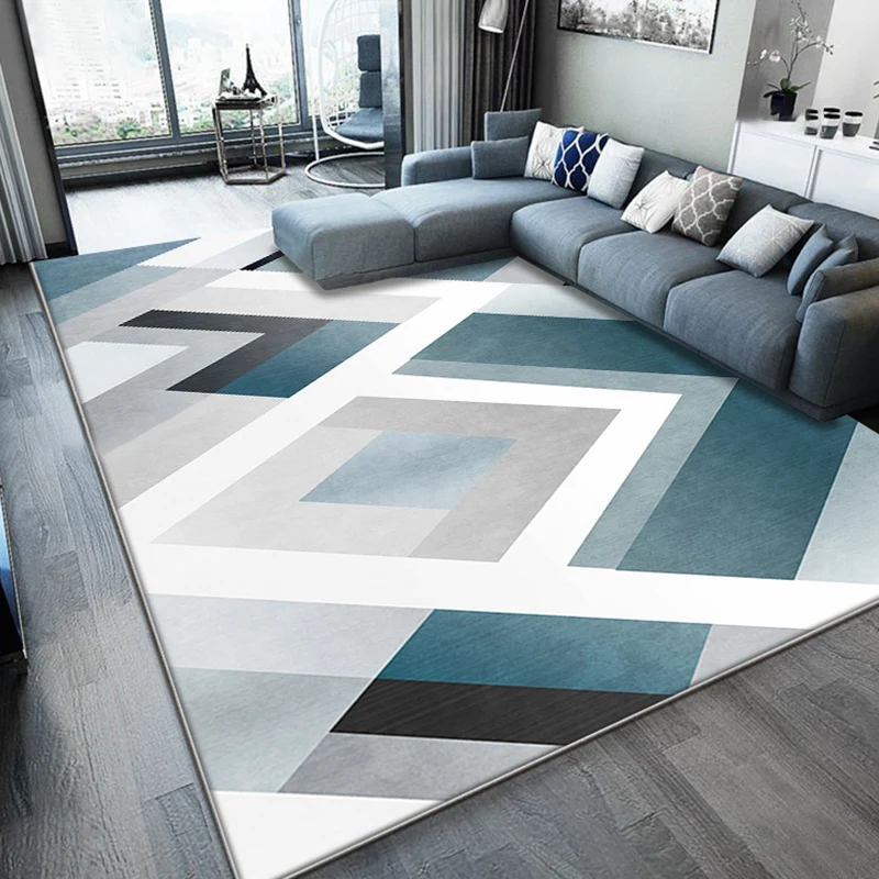 Einzigartiger Teppich mit geometrischem Muster, blau und weiß, moderner Teppich, Polyester, waschbar, haustierfreundlich,...