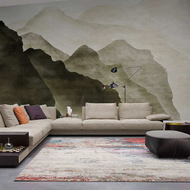 Enorme Illustration traditioneller Wandtapete für Akzentwand mit Bergmuster Schwarz und Grün Clearhalo