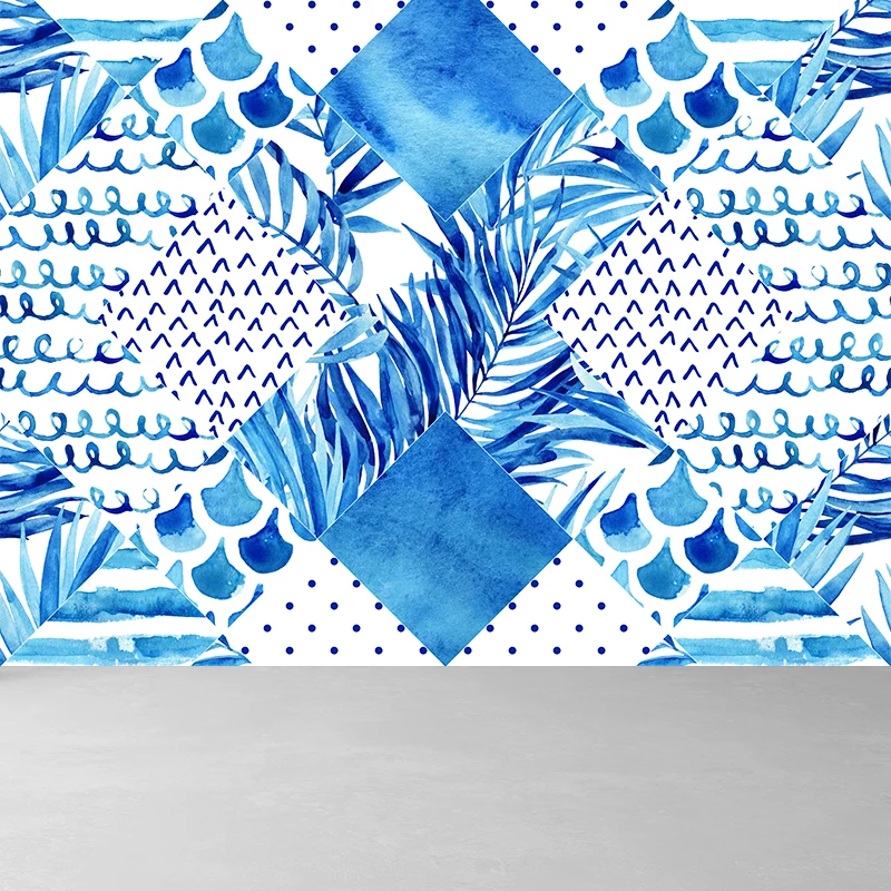Extra große tropische Wandtapete mit blauem Blättermuster, Wanddekoration, individuell bedruckt Clearhalo