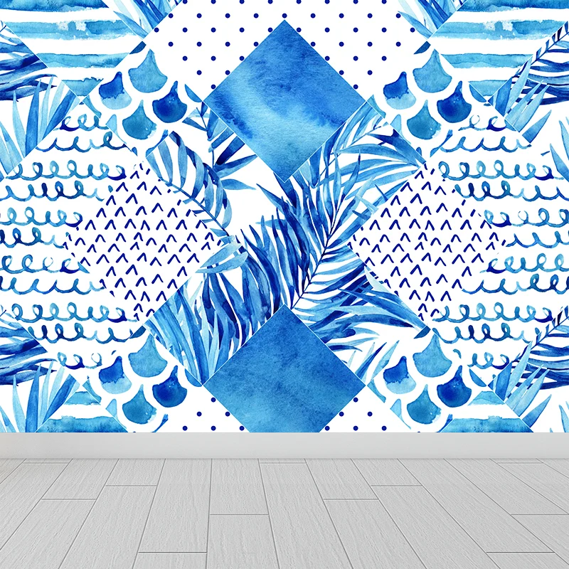 Extra große tropische Wandtapete mit blauem Blättermuster, Wanddekoration, individuell bedruckt Clearhalo