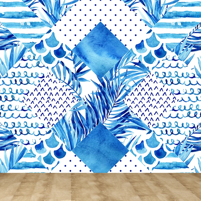Extra große tropische Wandtapete mit blauem Blättermuster, Wanddekoration, individuell bedruckt Clearhalo
