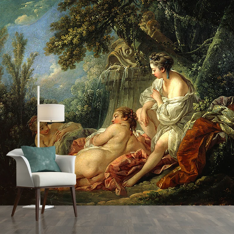Fleckenabweisende Tapetenwandbilder im Retro-Stil aus Vliesstoff mit dem Vier-Jahreszeiten-Muster von Francois Boucher Cle...
