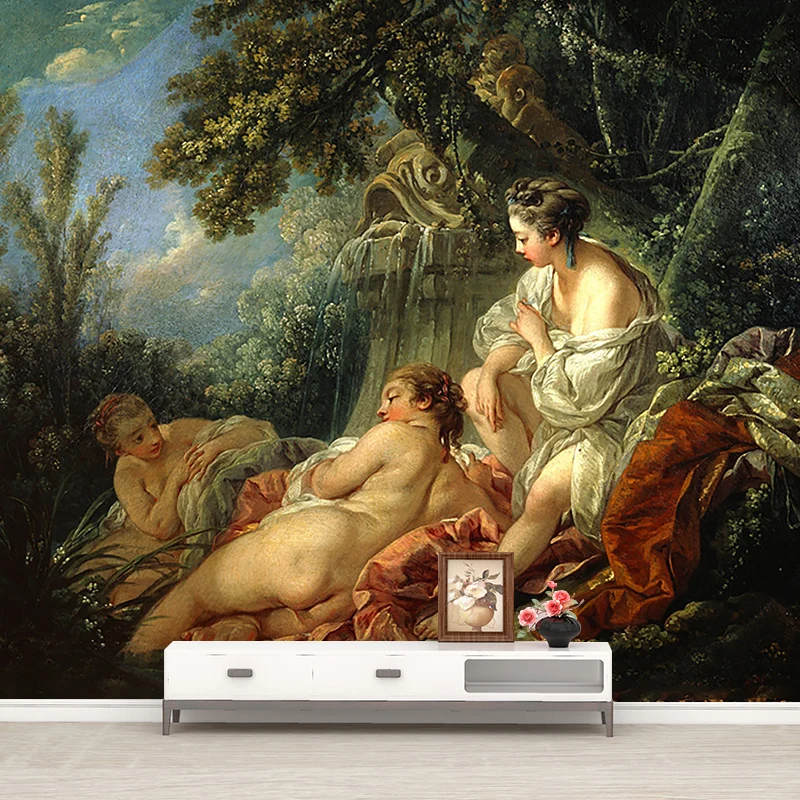 Fleckenabweisende Tapetenwandbilder im Retro-Stil aus Vliesstoff mit dem Vier-Jahreszeiten-Muster von Francois Boucher Cle...