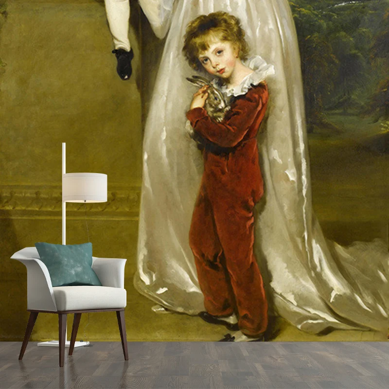 Fleckenabweisende Wandtapete, klassische Vlies-Wanddekoration mit Muster „Frau und ihre Kinder“. Clearhalo