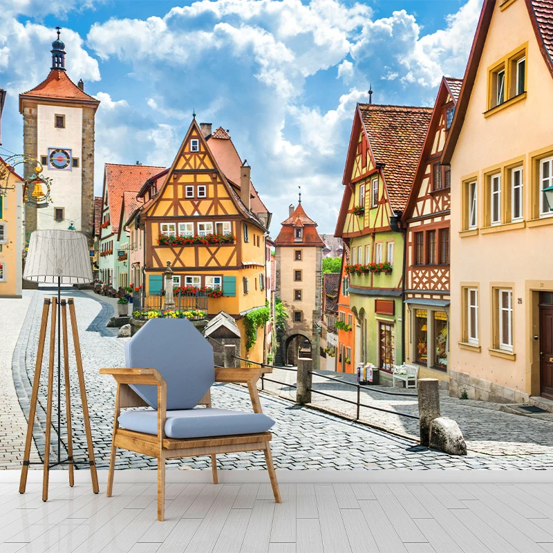 Fotografie Europäische Straßenwandtapete für Restaurantdekoration Blau und Braun Clearhalo