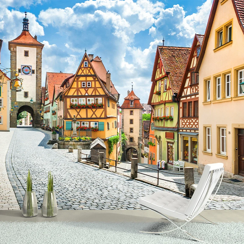 Fotografie Europäische Straßenwandtapete für Restaurantdekoration Blau und Braun Clearhalo