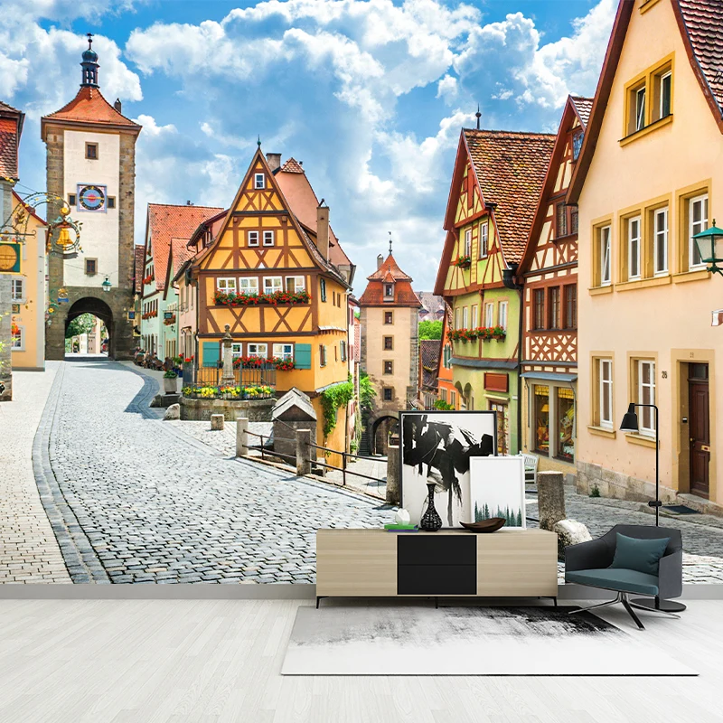 Fotografie Europäische Straßenwandtapete für Restaurantdekoration Blau und Braun Clearhalo